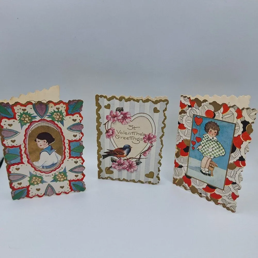 Vintage St‎ Valentines Day Greeting Cards Set Of 3 Mini Heart Bird Small 4 Inch